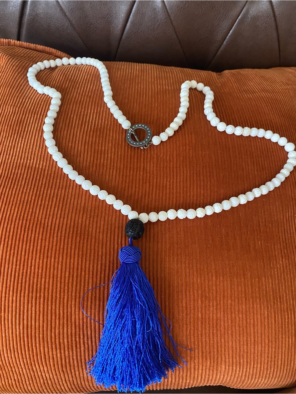 Vintage White Bead Necklace with Bright Blue Tassel